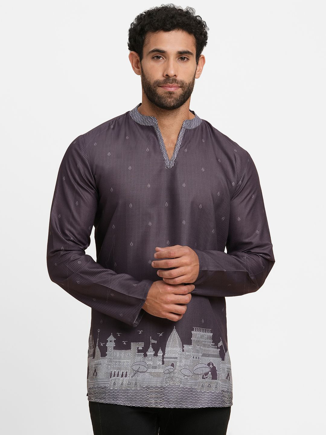 Arch element Men Floral Woven Design Mandarin Collar Cotton Straight Kurta