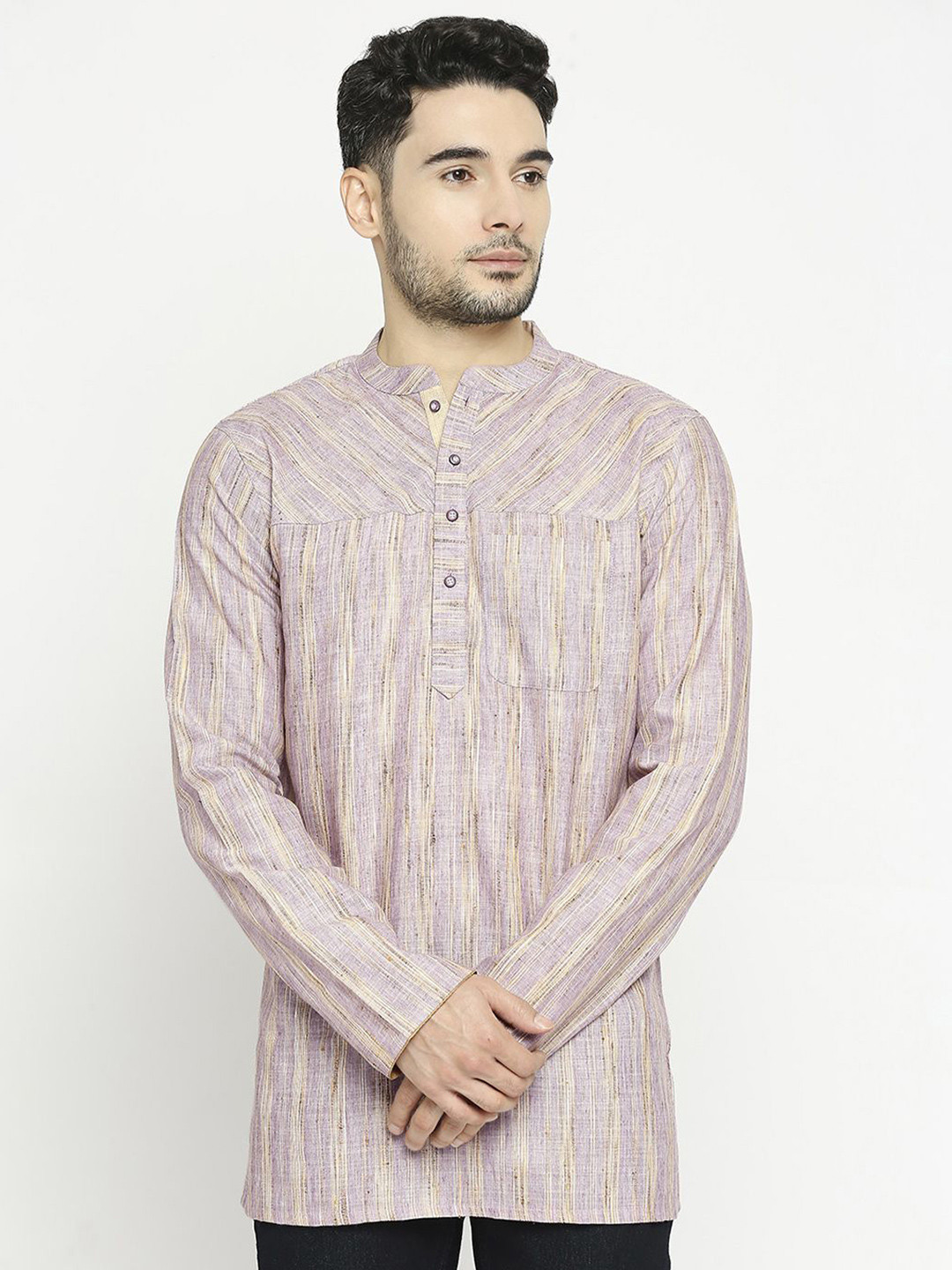 Arch element Striped Mandarin Collar Pure Cotton Short Kurta