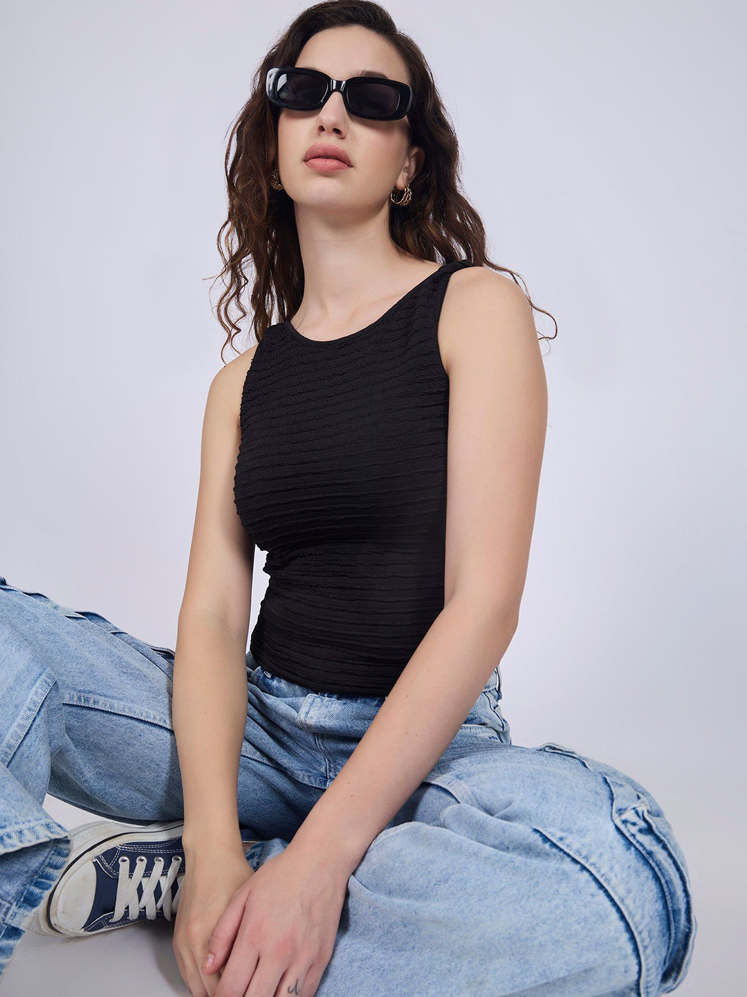 Outzidr Women Black Textured Regular Tank Top