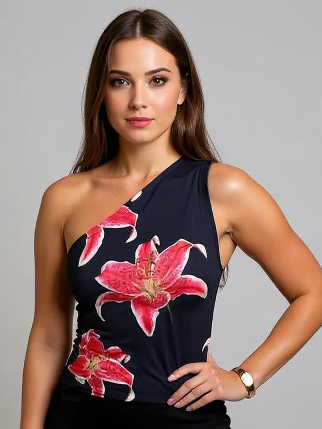 Outzidr Women Floral Print One Shoulder Crop Top