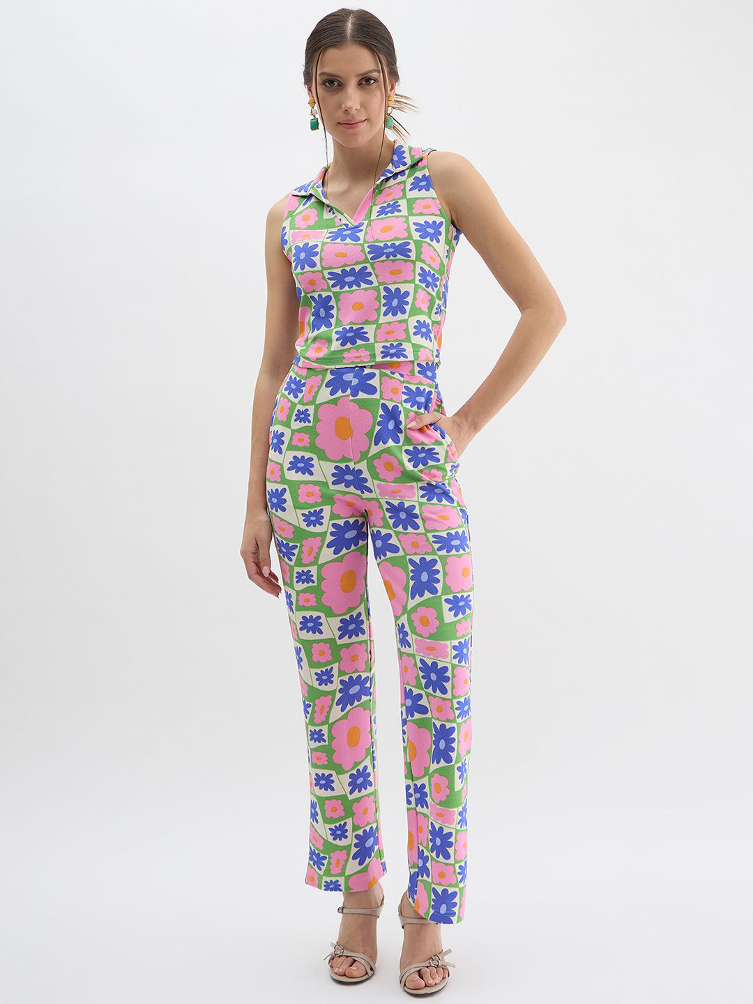 OMPAX Ferrari Floral Printed Shirt Collar Top With Trousers Co-Ords