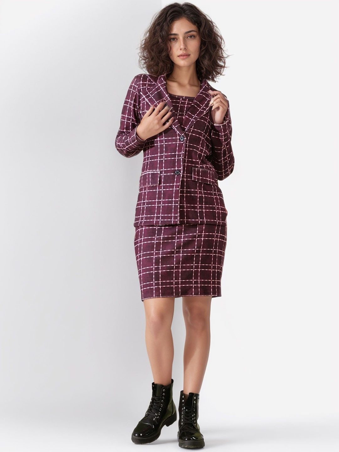 DressBerry Check Printed Blazer & Crop Top With Skirt Co-Ords