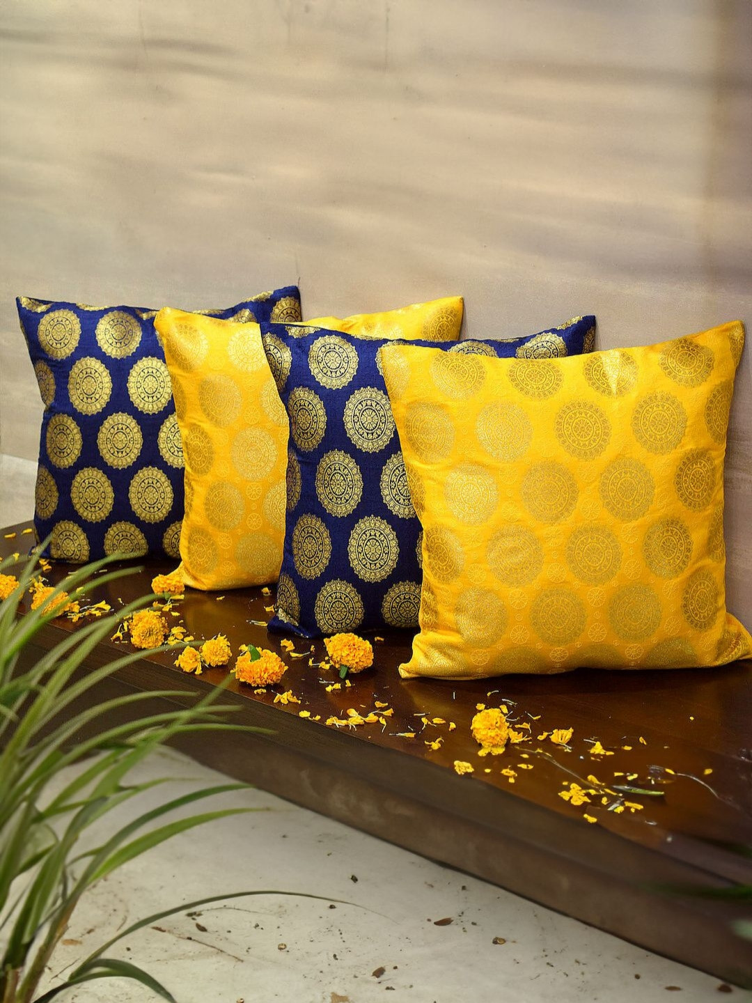 RoyalDeco Mandala Blue & Yellow 4 Pieces Ethnic Motifs Brocade Silk Square Cushion Covers