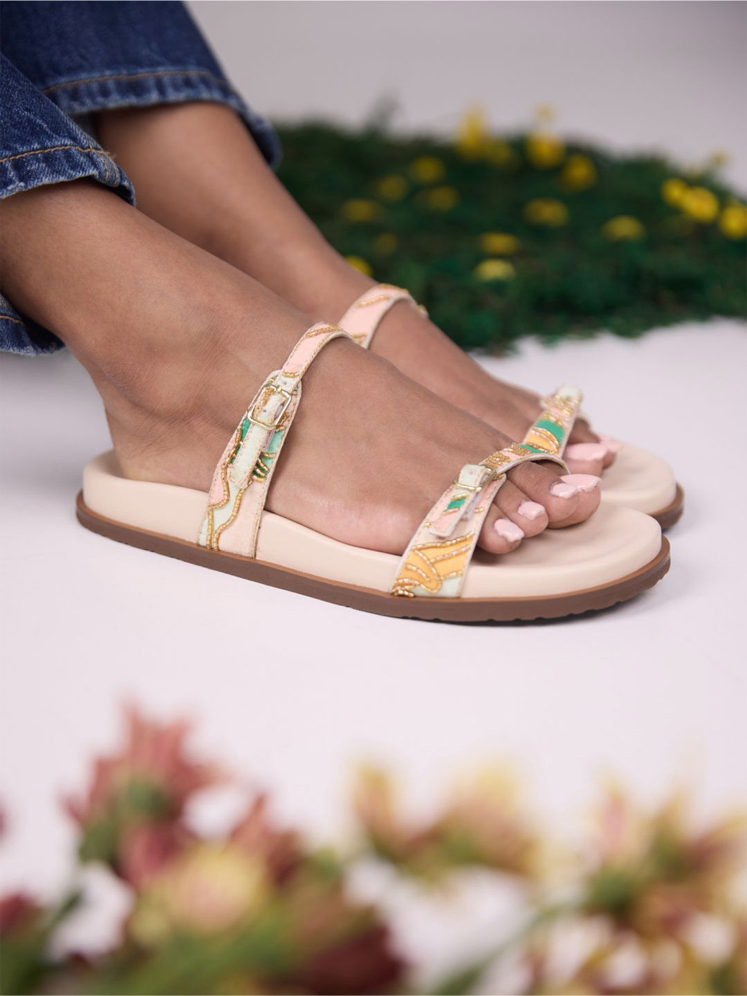 CAI Women Embellished Beaded Bloom Strap Open Toe Flats