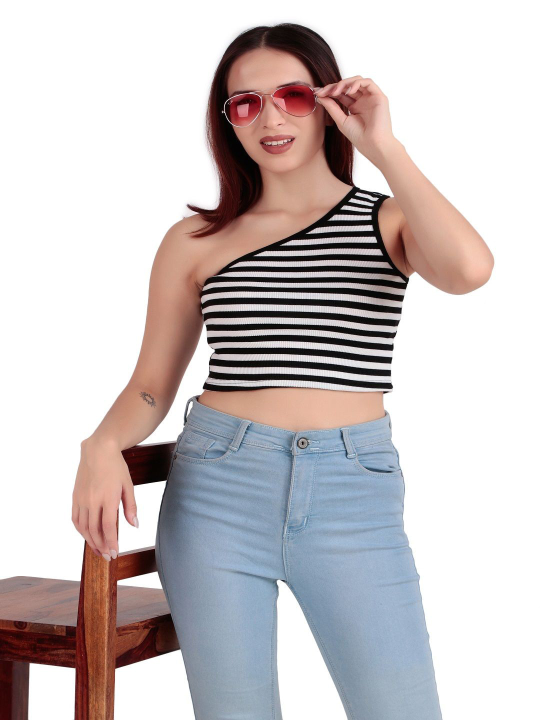 PRIME LOVE Women Striped One Shoulder Crop Tank Top