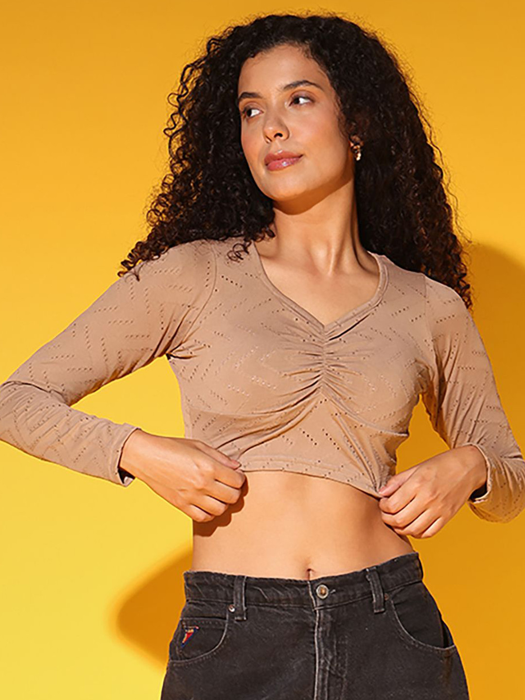 Istyle Can V-Neck Long Sleeves Breathable Slim Fit Crop Top