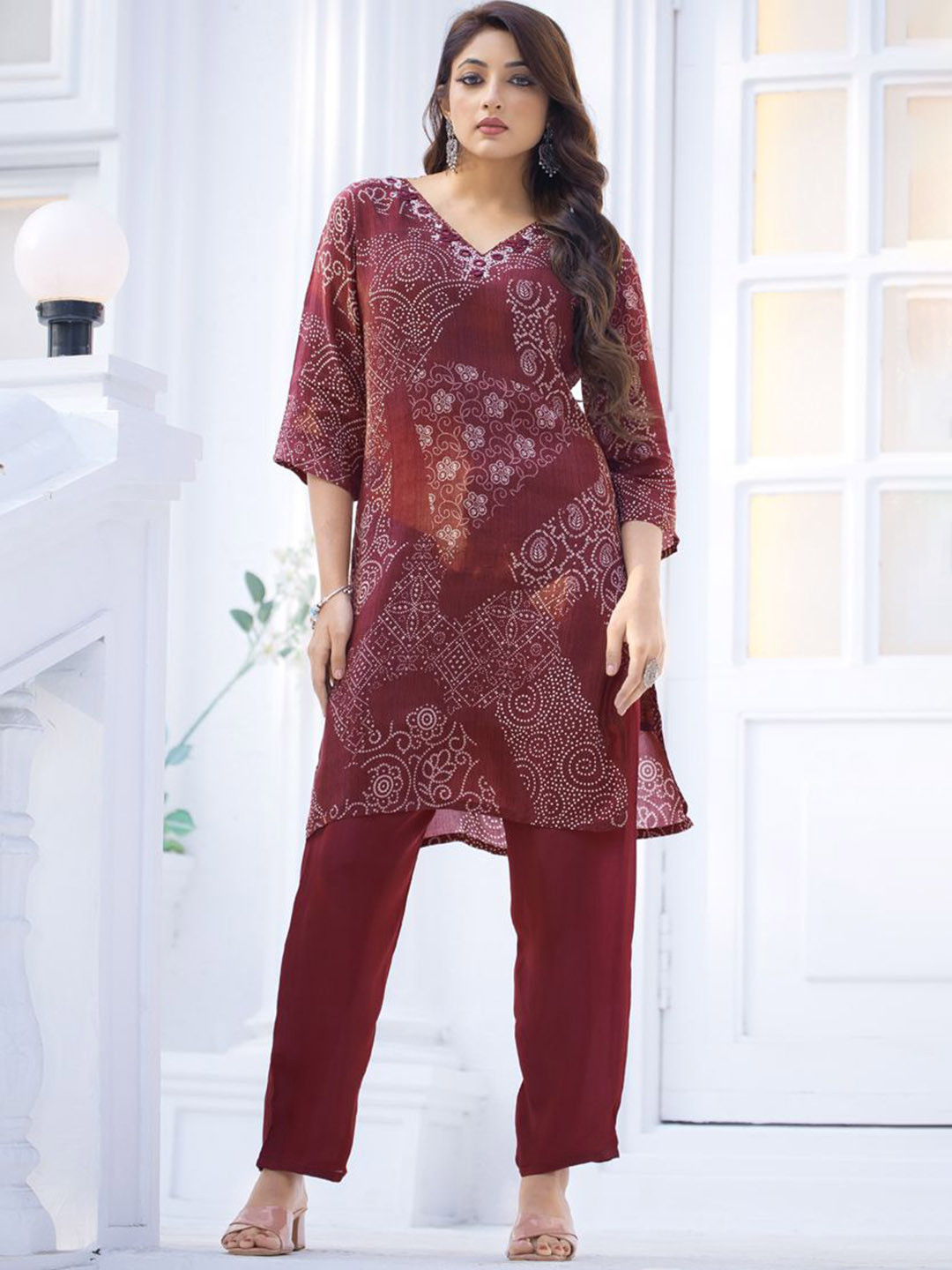 ZNKL Floral Printed Mirror Work V-Neck Straight Kurta With Trousers