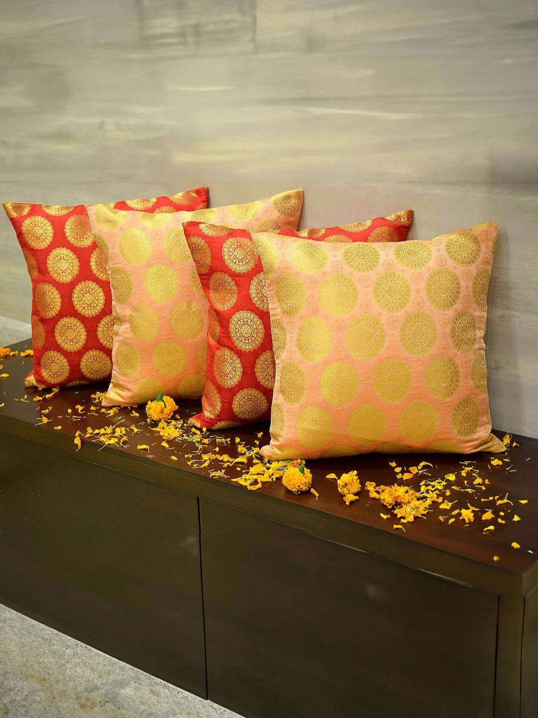 RoyalDeco Red & Coral Set of 4 Ethnic Motifs Square Cushion Covers