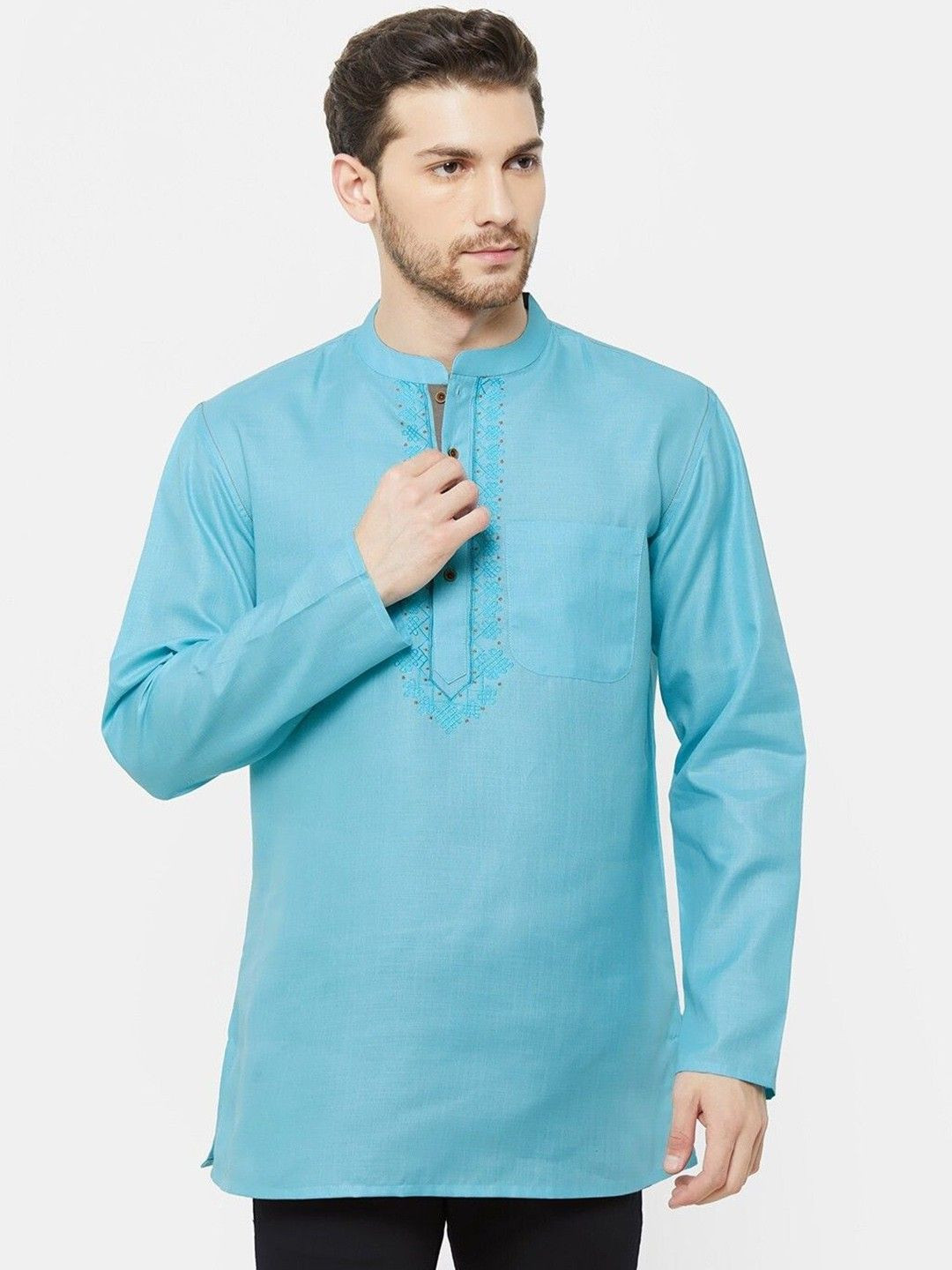 Arch element Floral Embroidered Mandarin Collar Thread Work Cotton Short Kurta