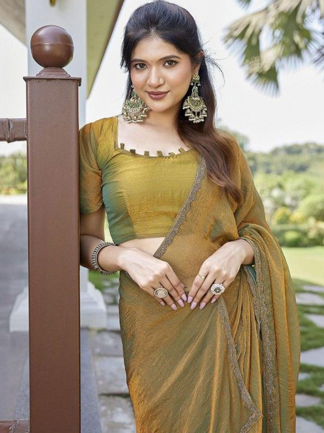 VRAGI Embellished Embroidered Pure Chiffon Saree