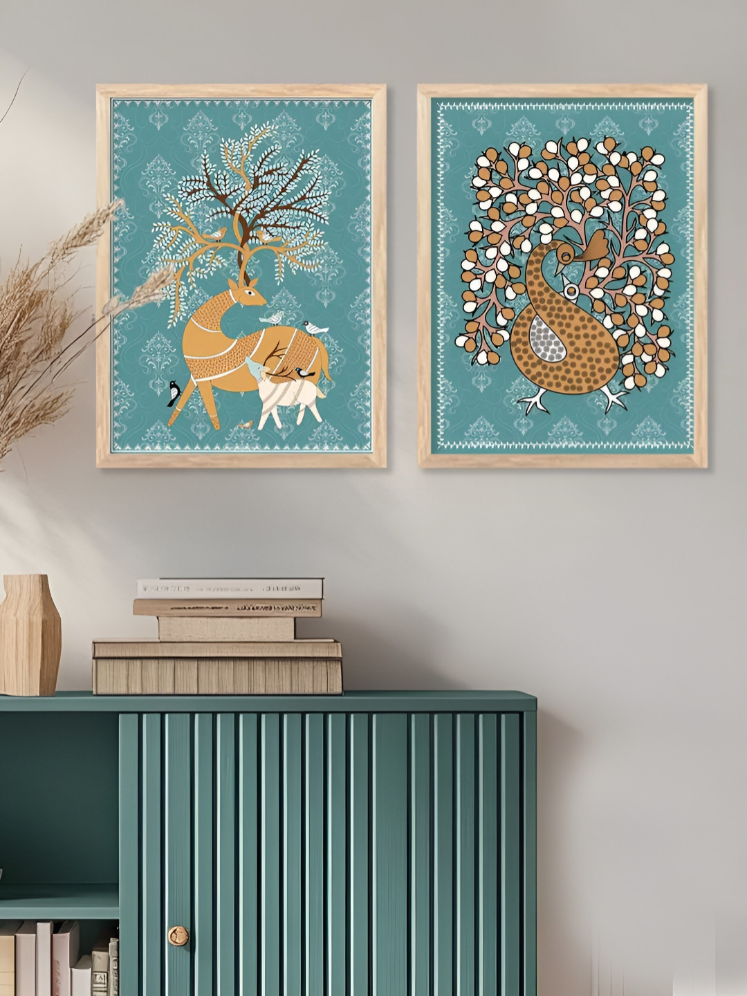 Kotart Brown & Green 2 Pieces Deer Printed Wooden Wall Arts