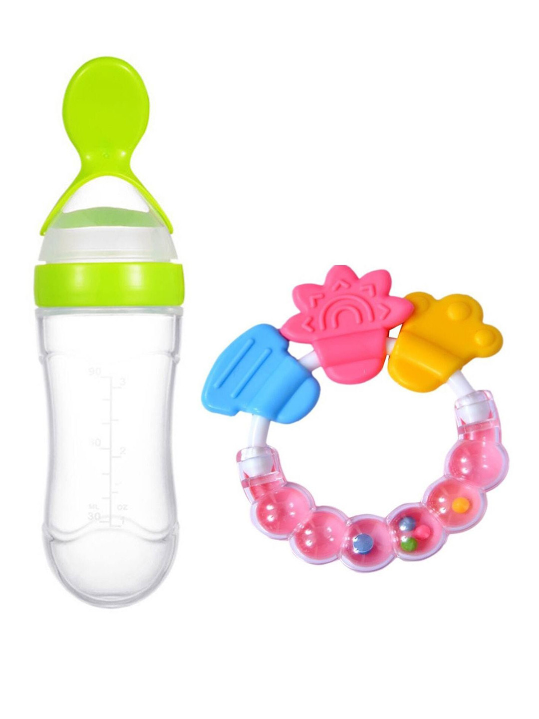 Joy Buzz Kids Set Of 2 Baby Spoon Feeder - 90 ml & Rattle Teether - Green & Pink