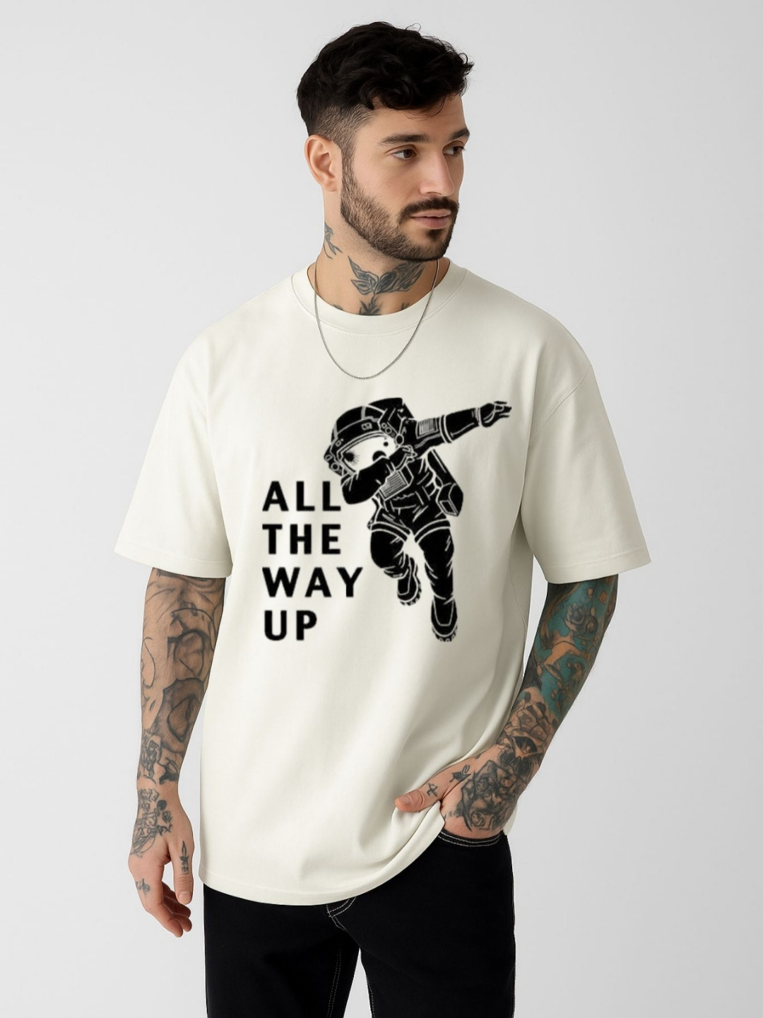 Be Crazy Typography Round Neck Drop Shoulder Sleeves Printed Cotton Oversized T-shirt