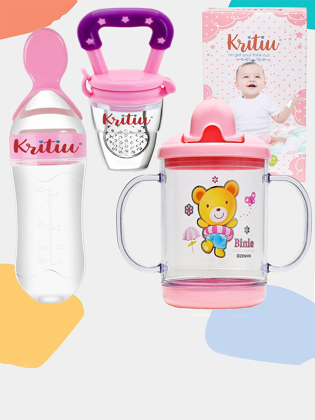 Kritiu 3Pcs Pink & Transparent Printed BPA-Free Leak-Proof Silicone Food Feeders