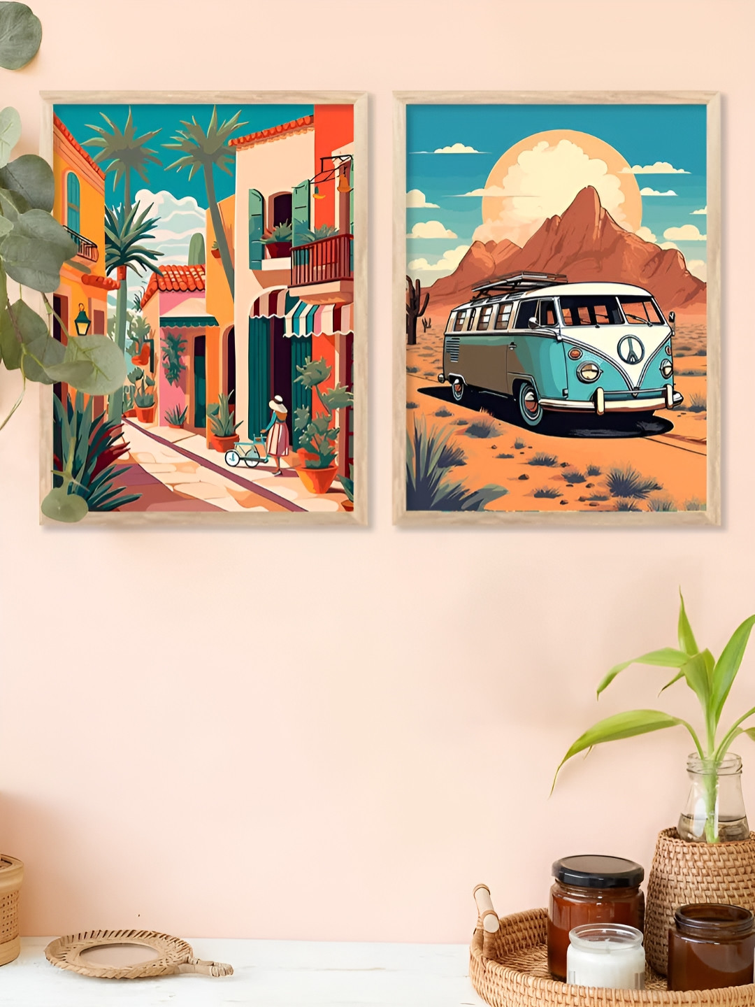 Kotart Brown & Red 2 Pieces Van & Streets Printed Wooden Wall Arts