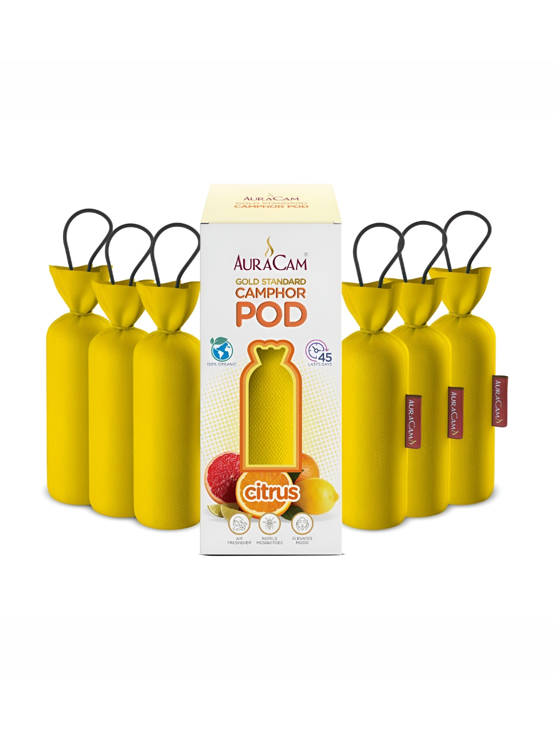 AuraCam 6Pcs Yellow Gold Standard Camphor Pod Cone Citrus Air Fresheners