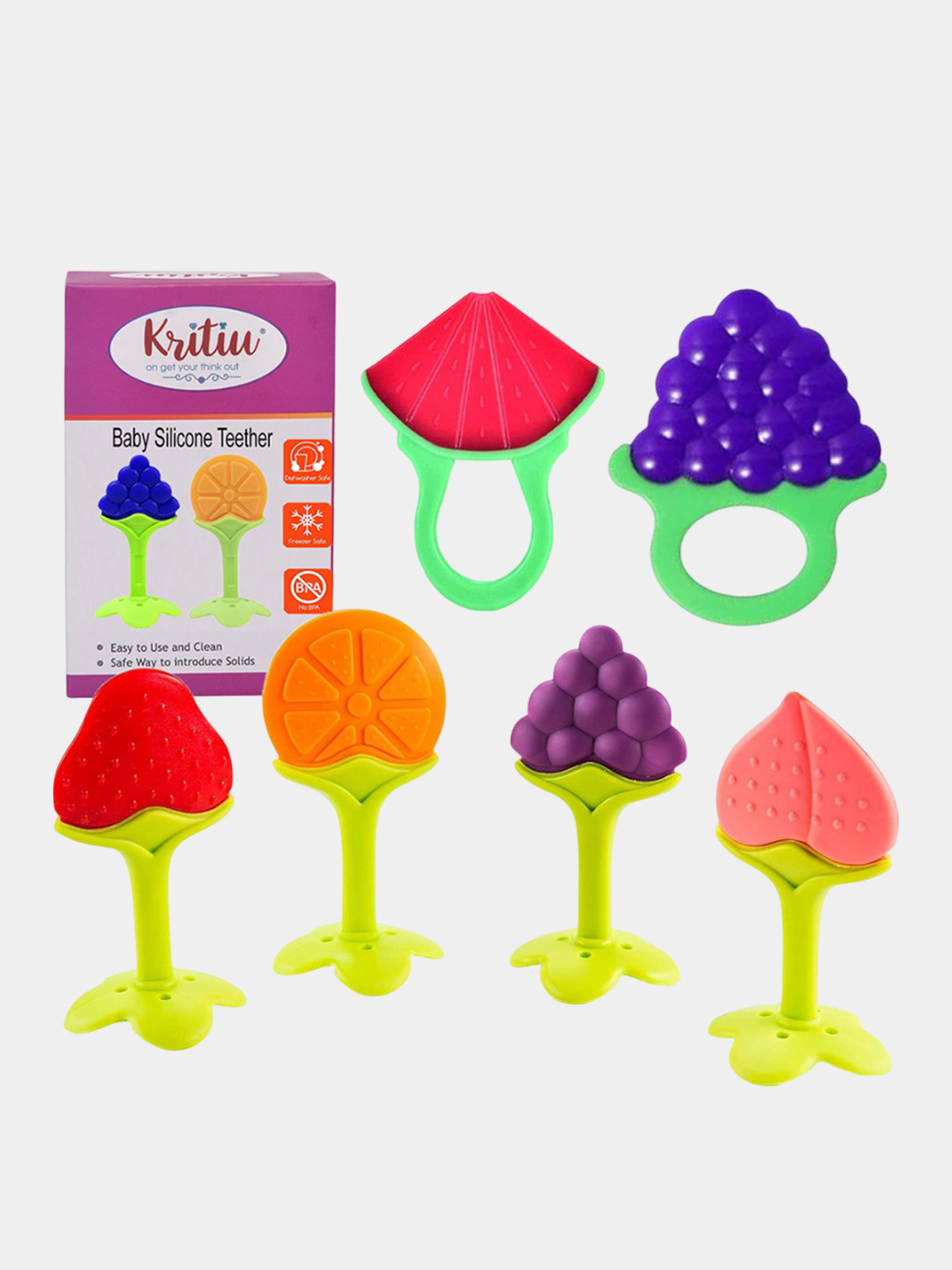 Kritiu Set Of 6 Fruit Shaped Silicon Stand Teether
