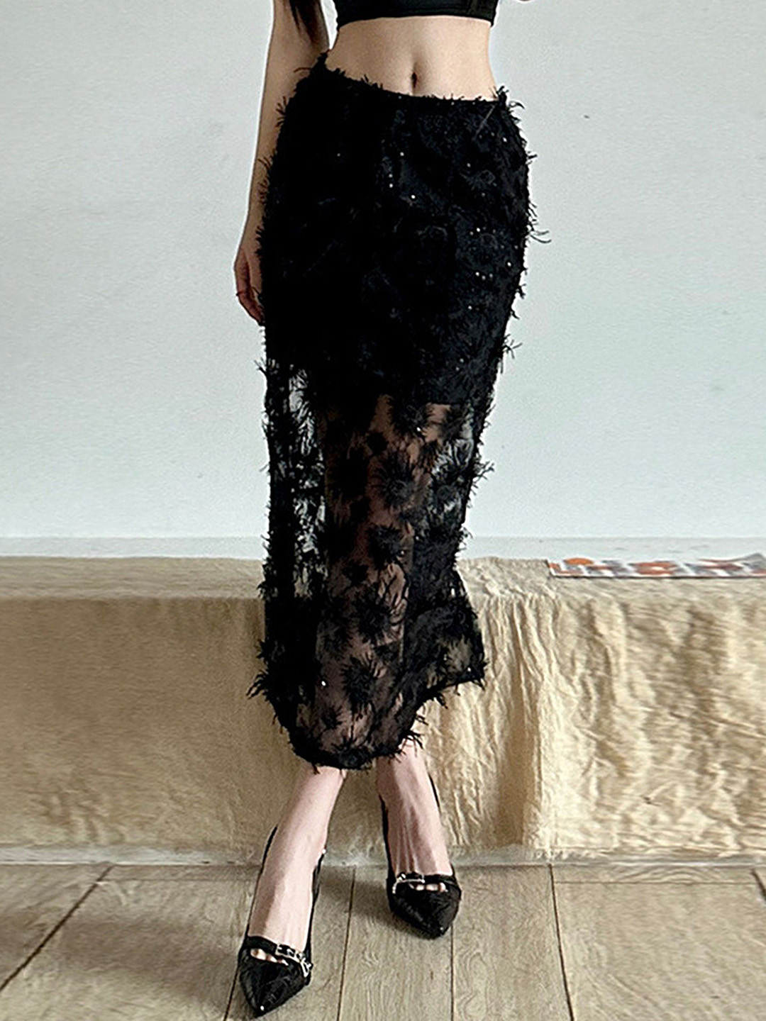 LULU & SKY Self-Designed High-Rise Semi-Sheer Pencil Side-Slit Maxi Skirt