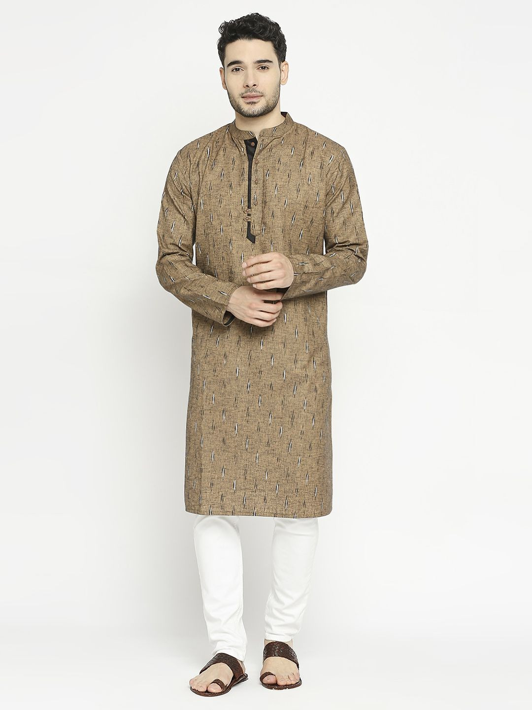 Arch element Geometric Woven Design Mandarin Collar Cotton Short Kurta