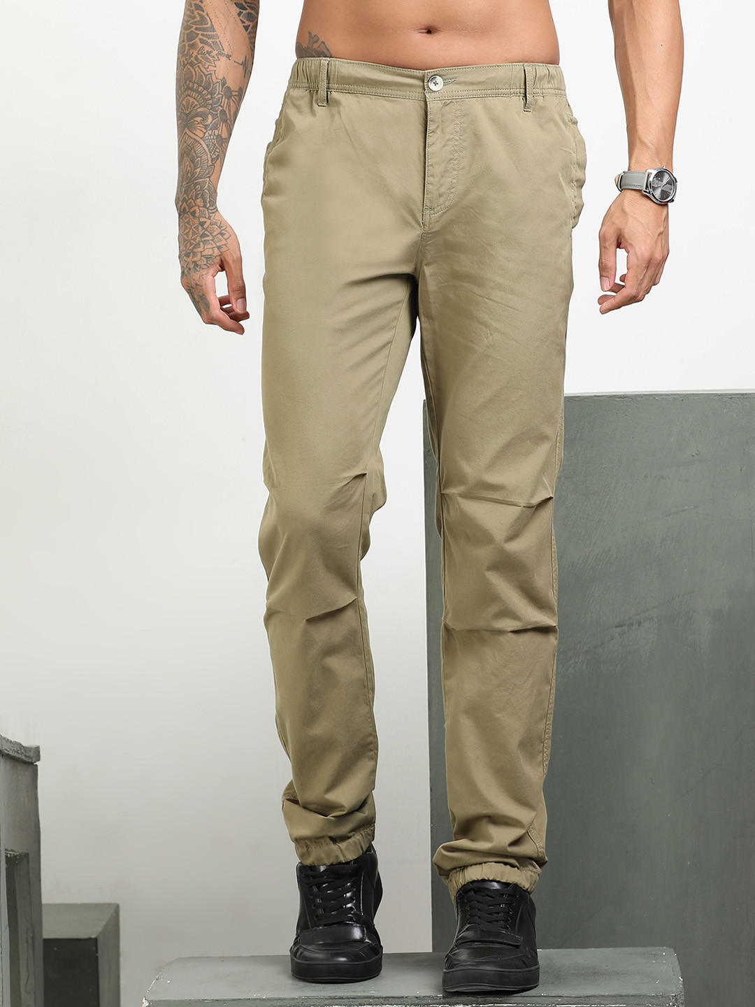 RIGS AND RAGS Men Cotton Relaxed Straight Leg Joggers Trousers