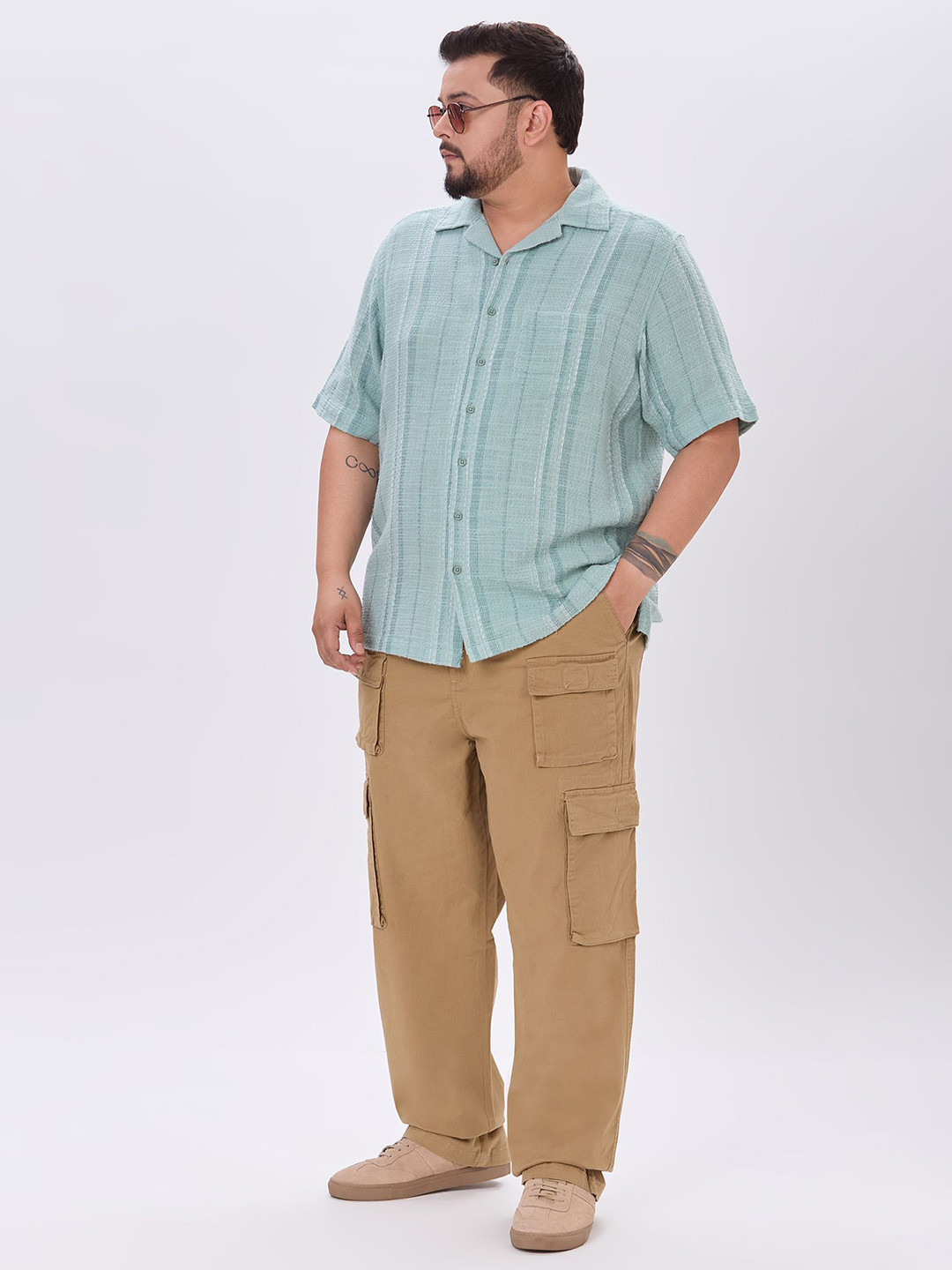 Sizeupp Comfort Striped Cuban Collar Plus Size Cotton Casual Shirt