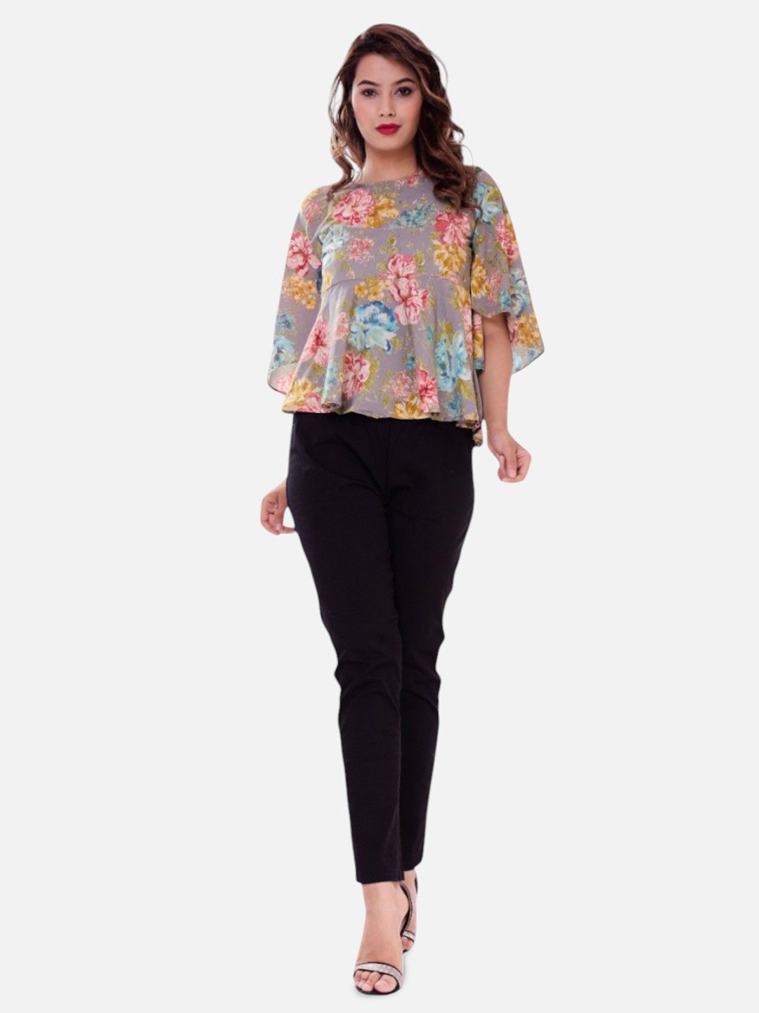 Biyu Women Floral Printed Cotton Peplum Short Top Kurta