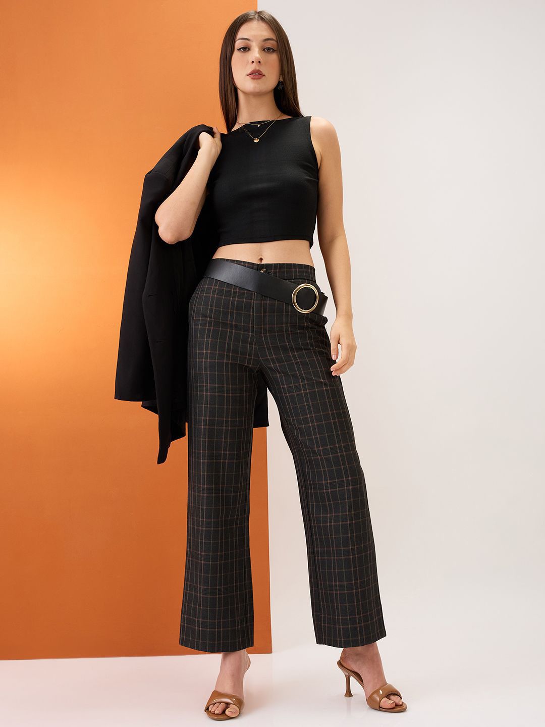Globus Plaid Checks Mid-Rise Elasticated Back Straight Fit Formal Trousers