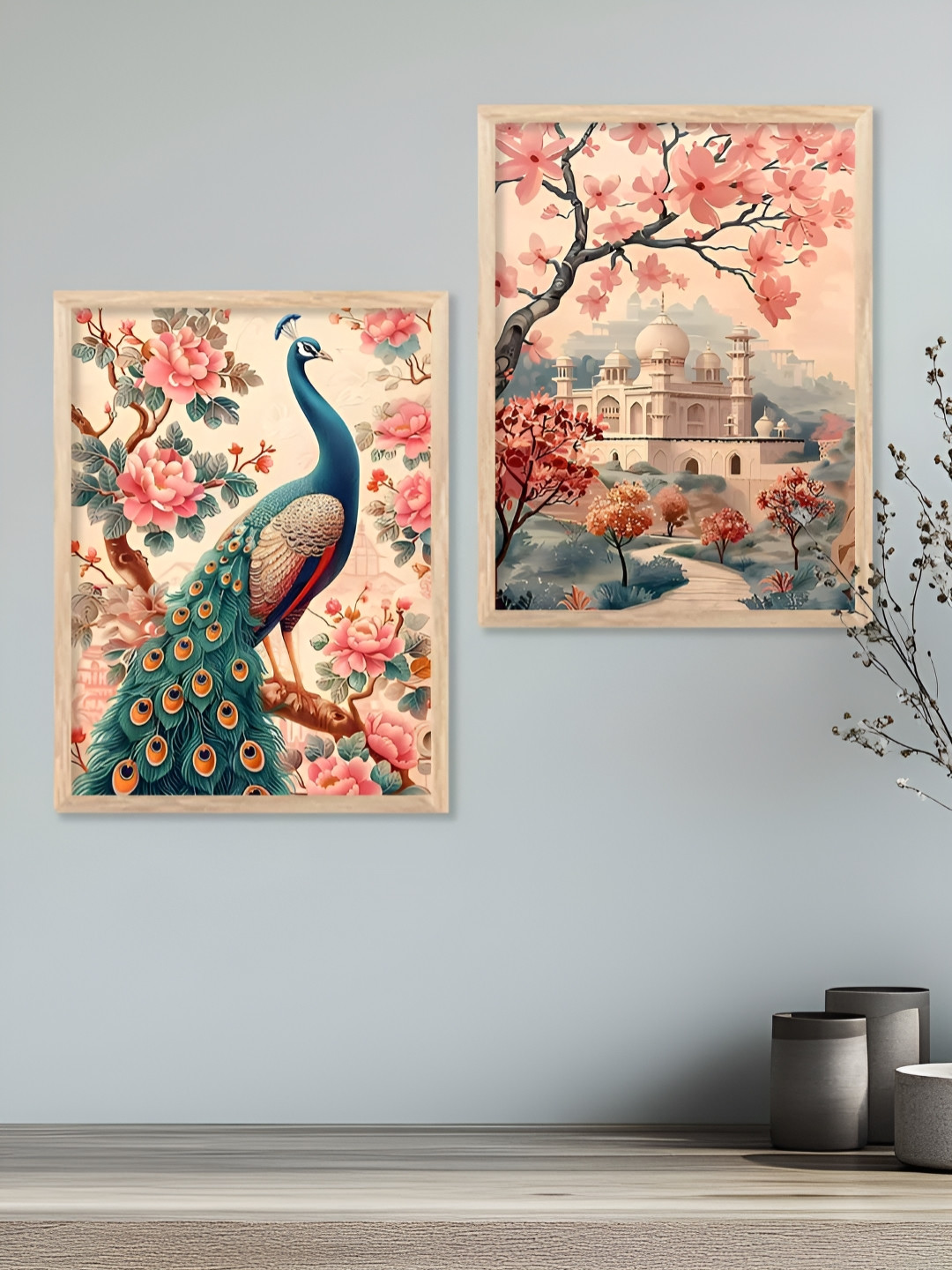 Kotart Peach-Coloured & Green 2 Piece Birds and Animals Wooden Wall Arts