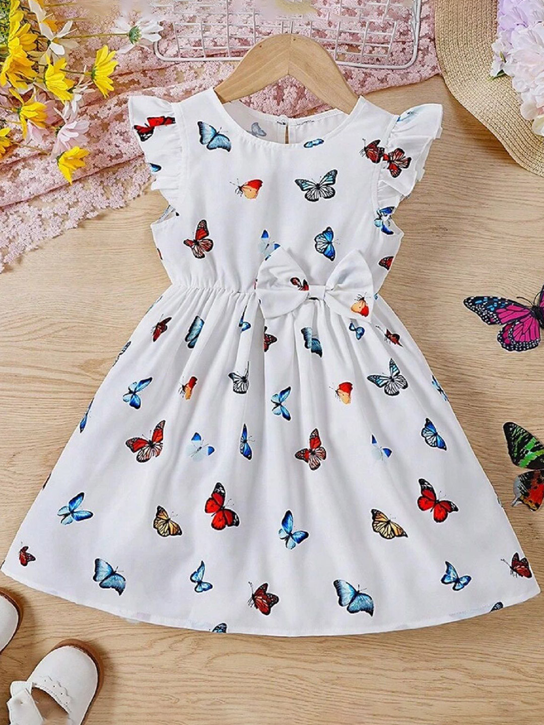 White World Girls Animal Print Flutter Sleeve Fit & Flare Dress