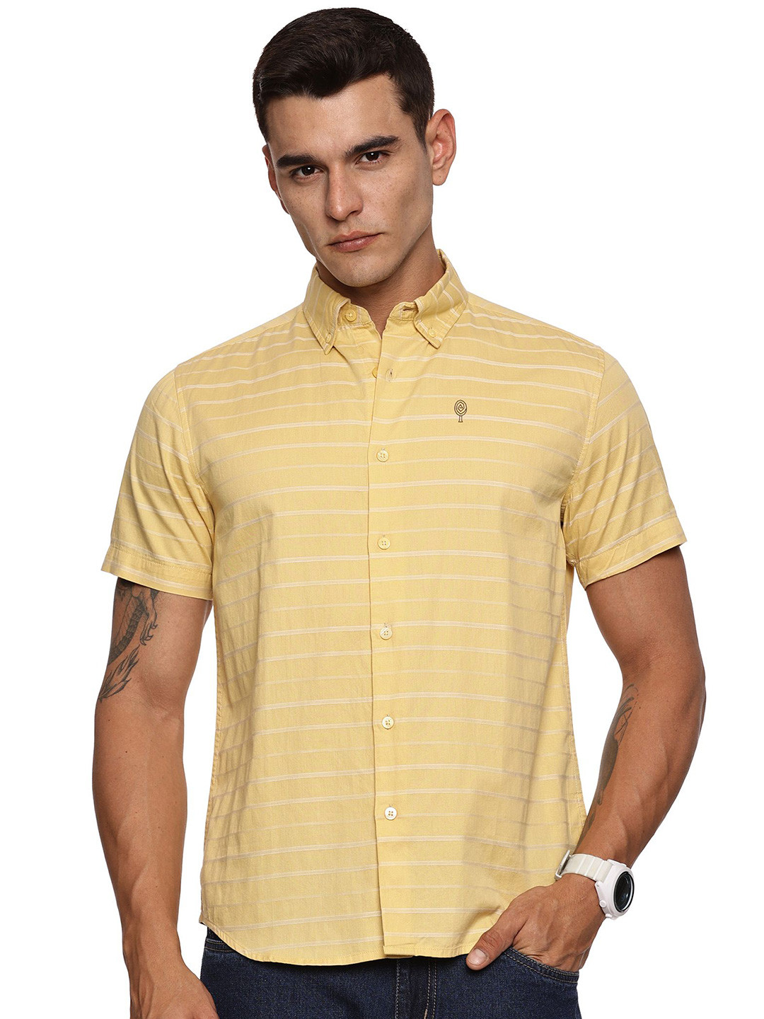 Melvin Jones Horizontal Striped Button-Down Collar Cotton Slim Fit Casual Shirt