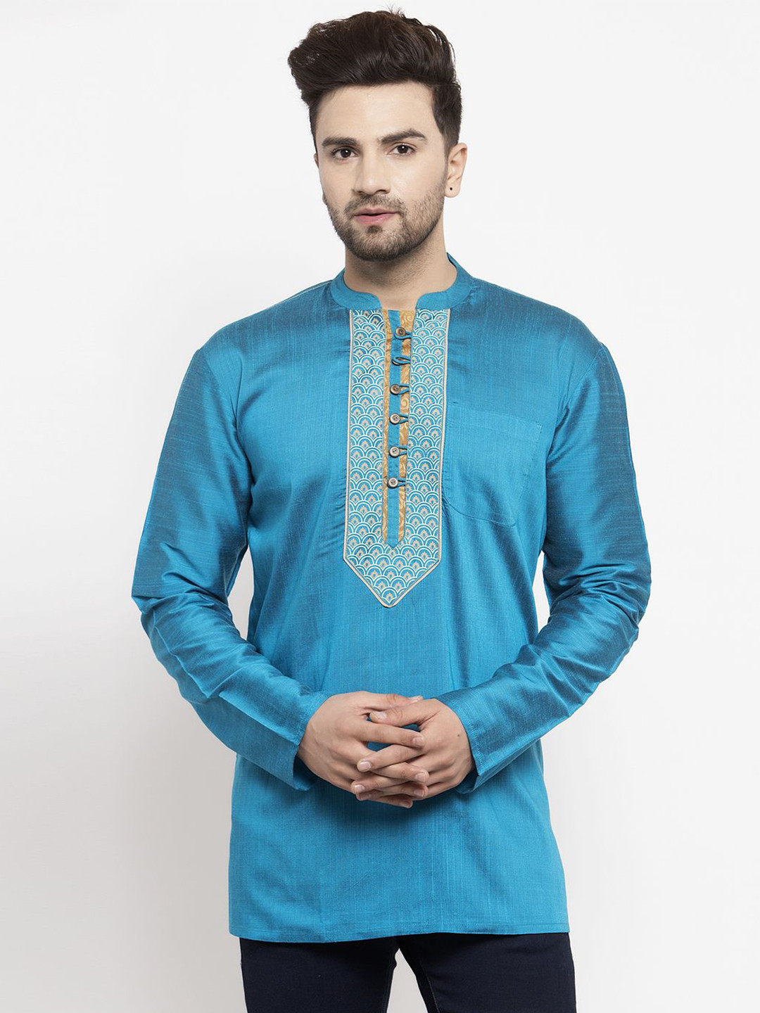 Arch element Floral Yoke Design Mandarin Collar Cotton Silk Short Kurta