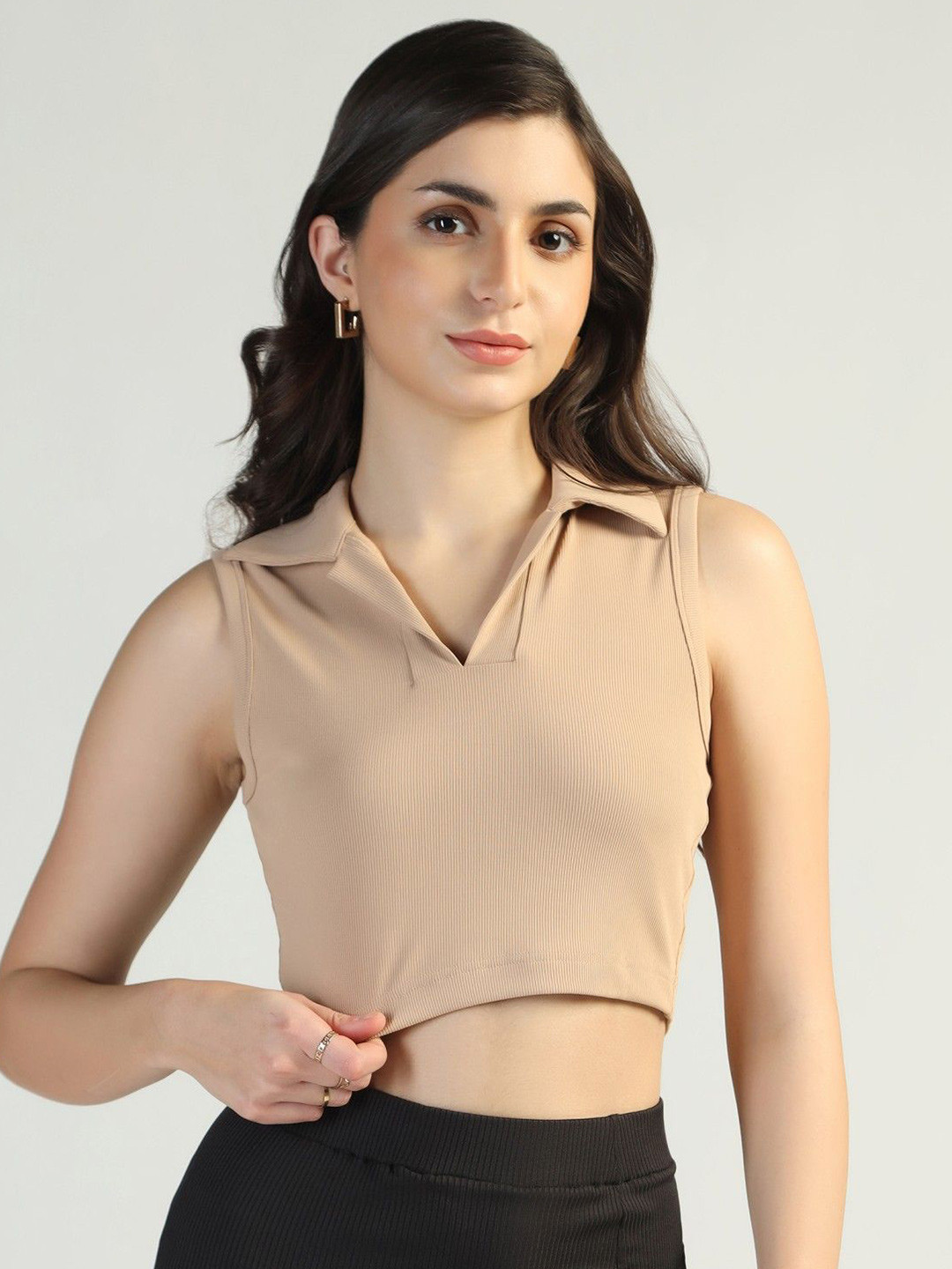 FLY STITCH Women Ribbed Collared Fitted Crop Top