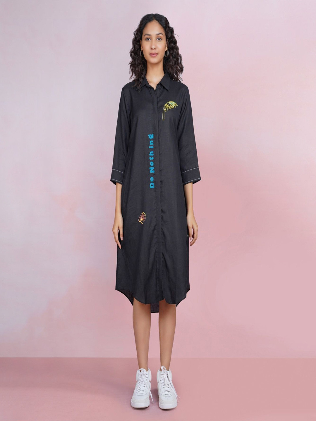 THE HOUSE OF HEMP Women Typography Pinted Embroidered Shirt Dress