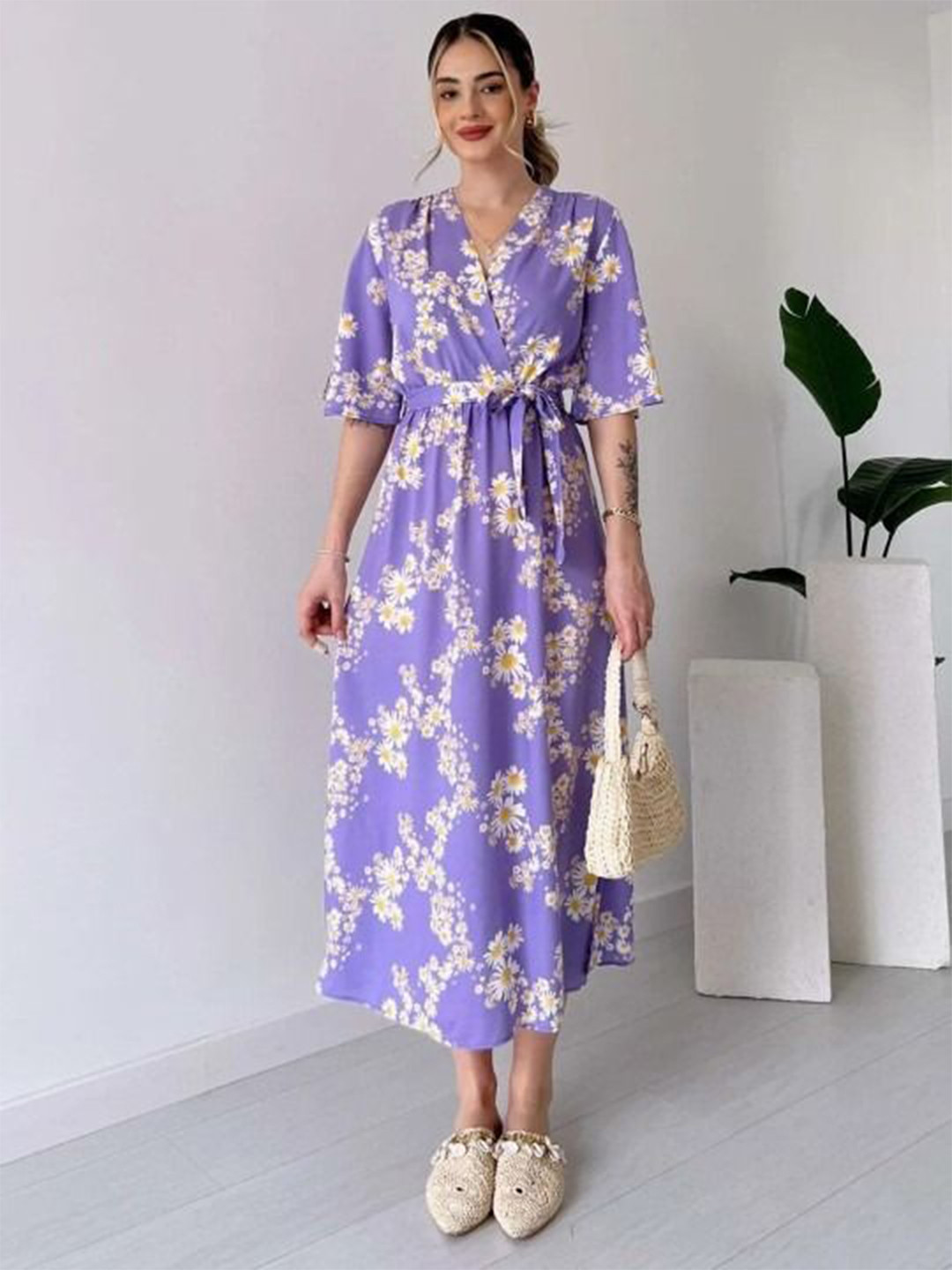 Kamayra Women Floral Printed Flared Sleeve Wrap Midi Dress With Slit