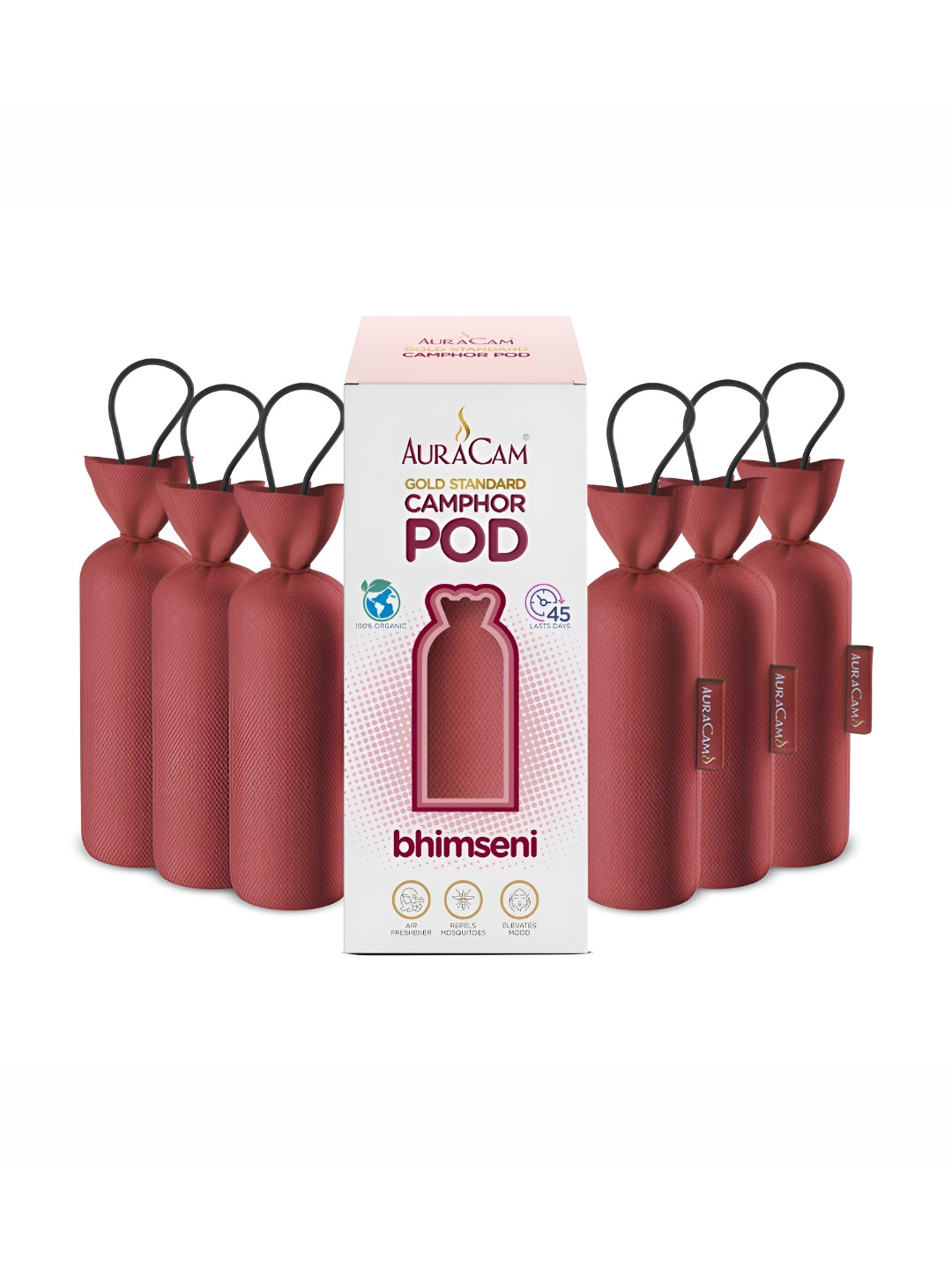 AuraCam 6Pcs Off White & Red Gold Standard Camphor Pod Cone Bhimseni Air Fresheners