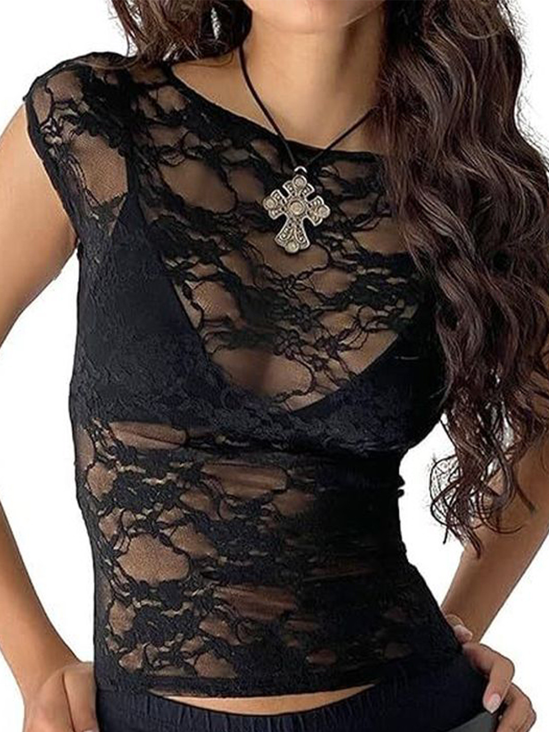 LULU & SKY Women Sheer Cap Sleeves Fitted Top