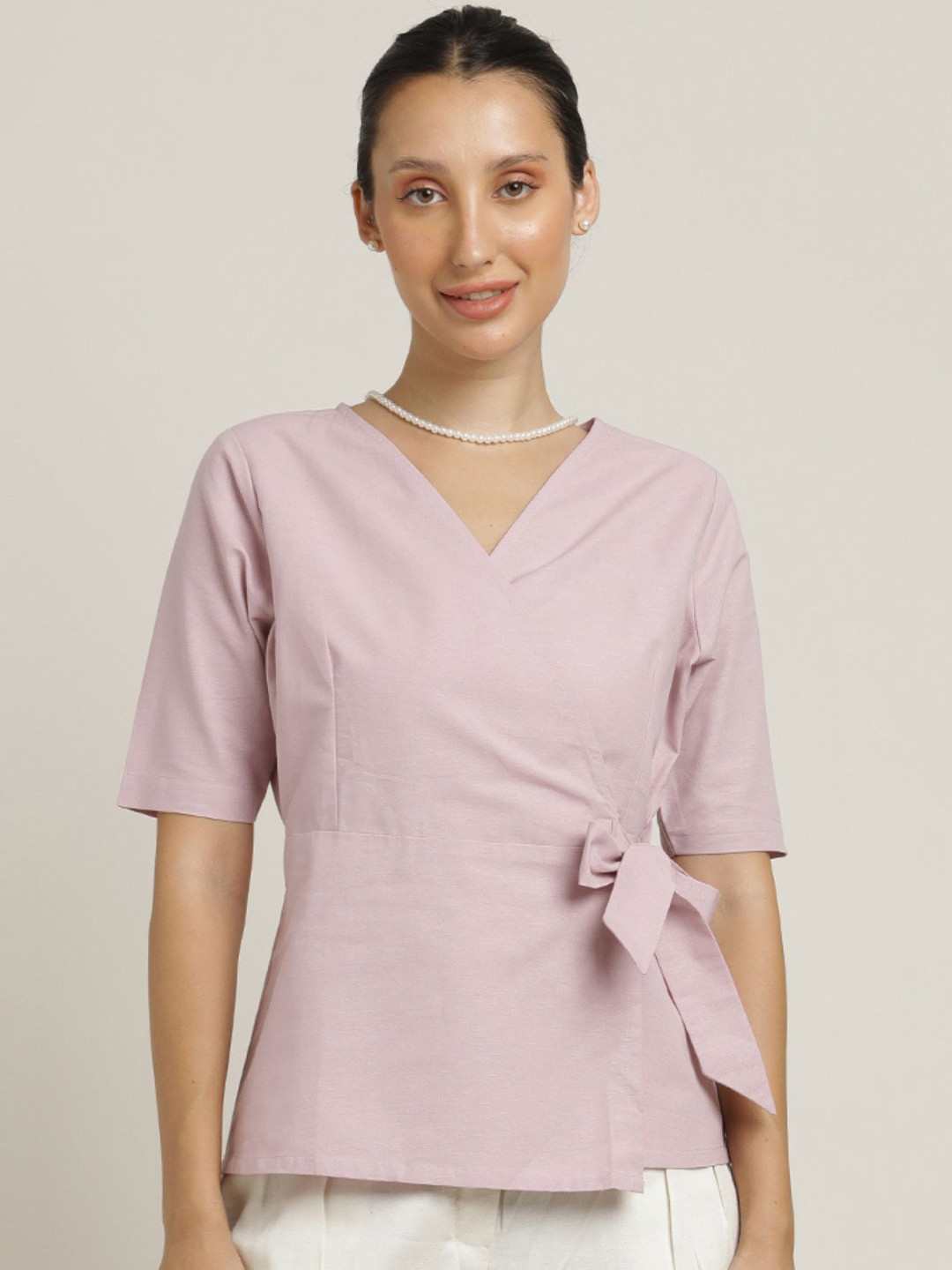 Saltpetre  Women Solid Pink Organic Cotton Wrap Top