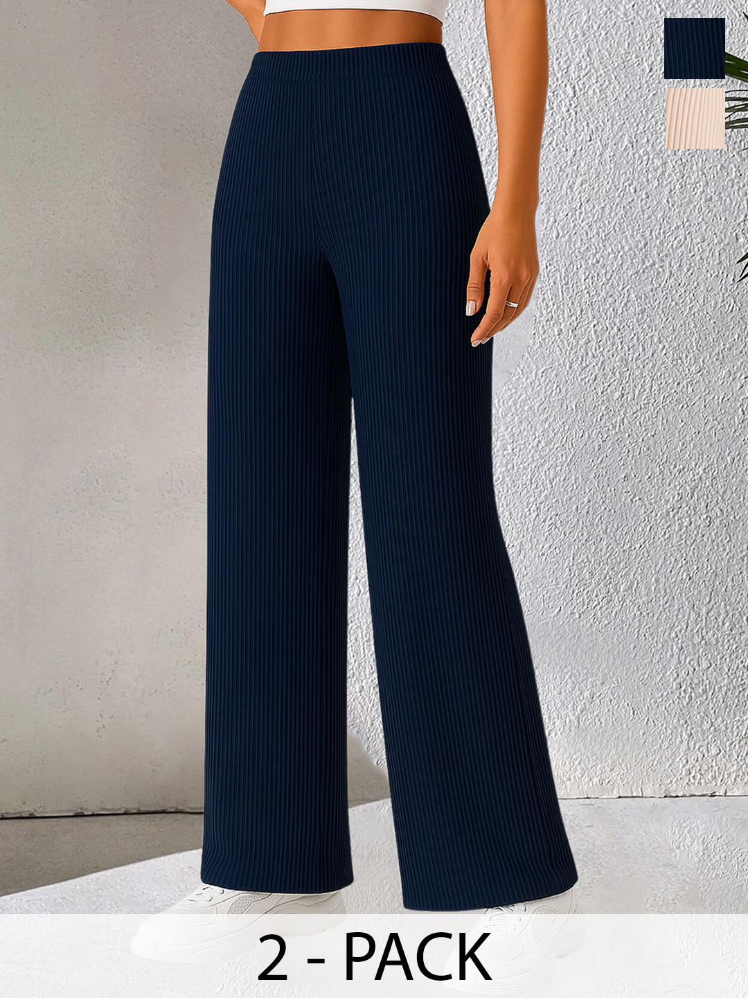 Fabflee Women Pack of 2 Comfort Striped Straight Fit Trousers