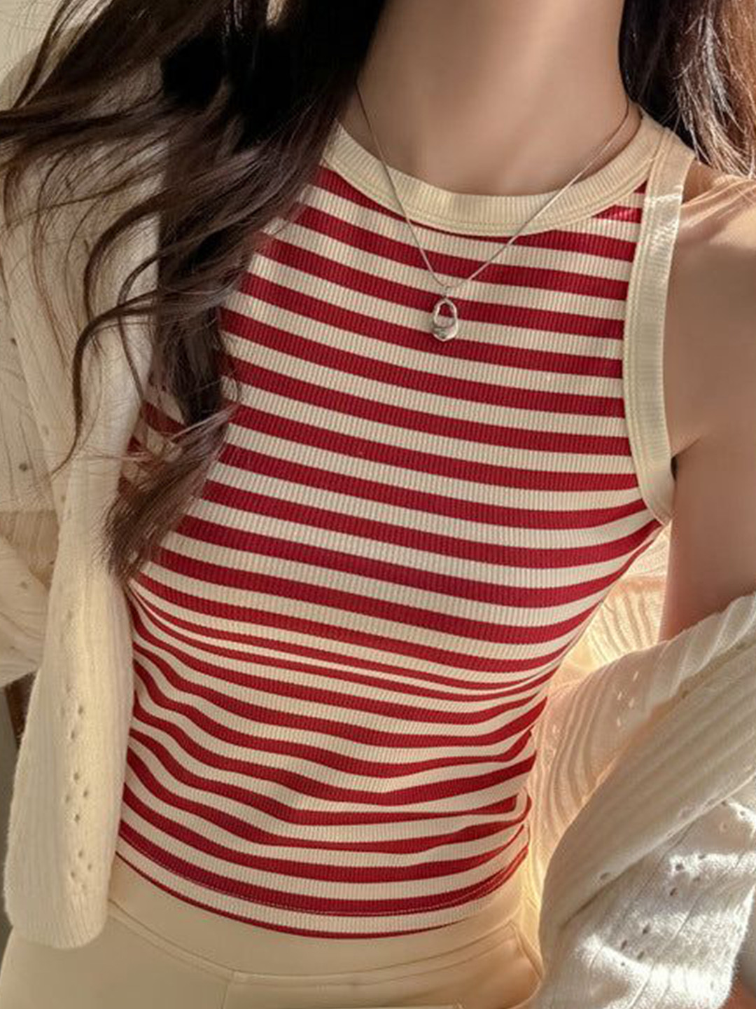Outzidr Women Striped Ribbed Tank Crop Top