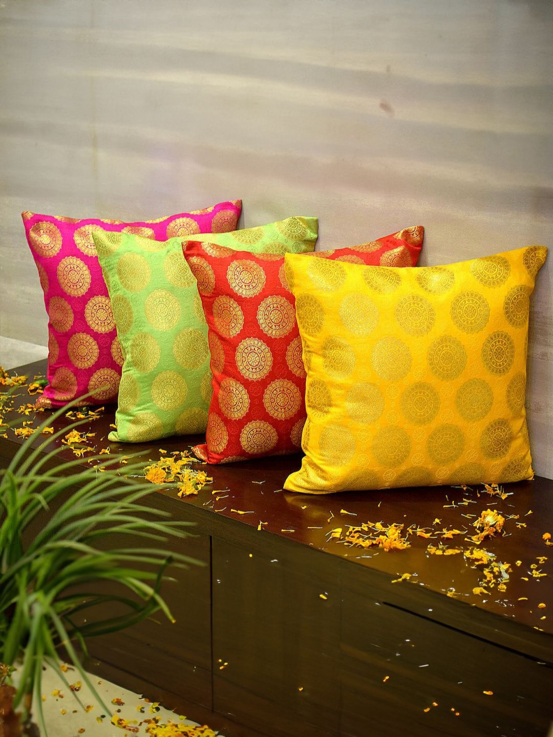 RoyalDeco Mandala Green & Yellow 4 Pieces Ethnic Motifs Brocade Silk Square Cushion Covers