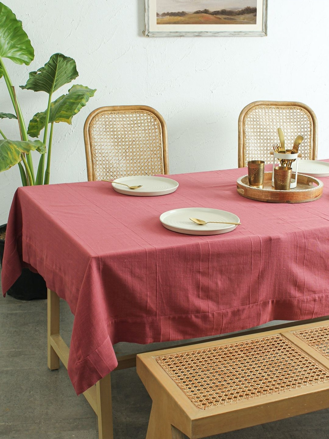 House This Herringbone Maroon Self Design Rectangle Cotton 4-Seater Table Cover