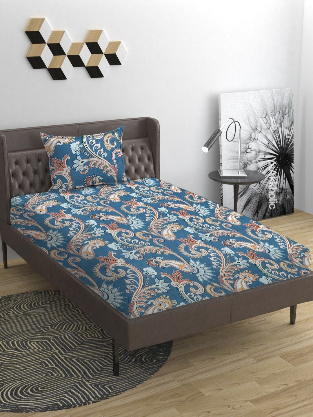 YaAkholic Blue And Brown Printed Microfiber 210 TC Single Bedsheet Set - 2.23 m x 1.45 m