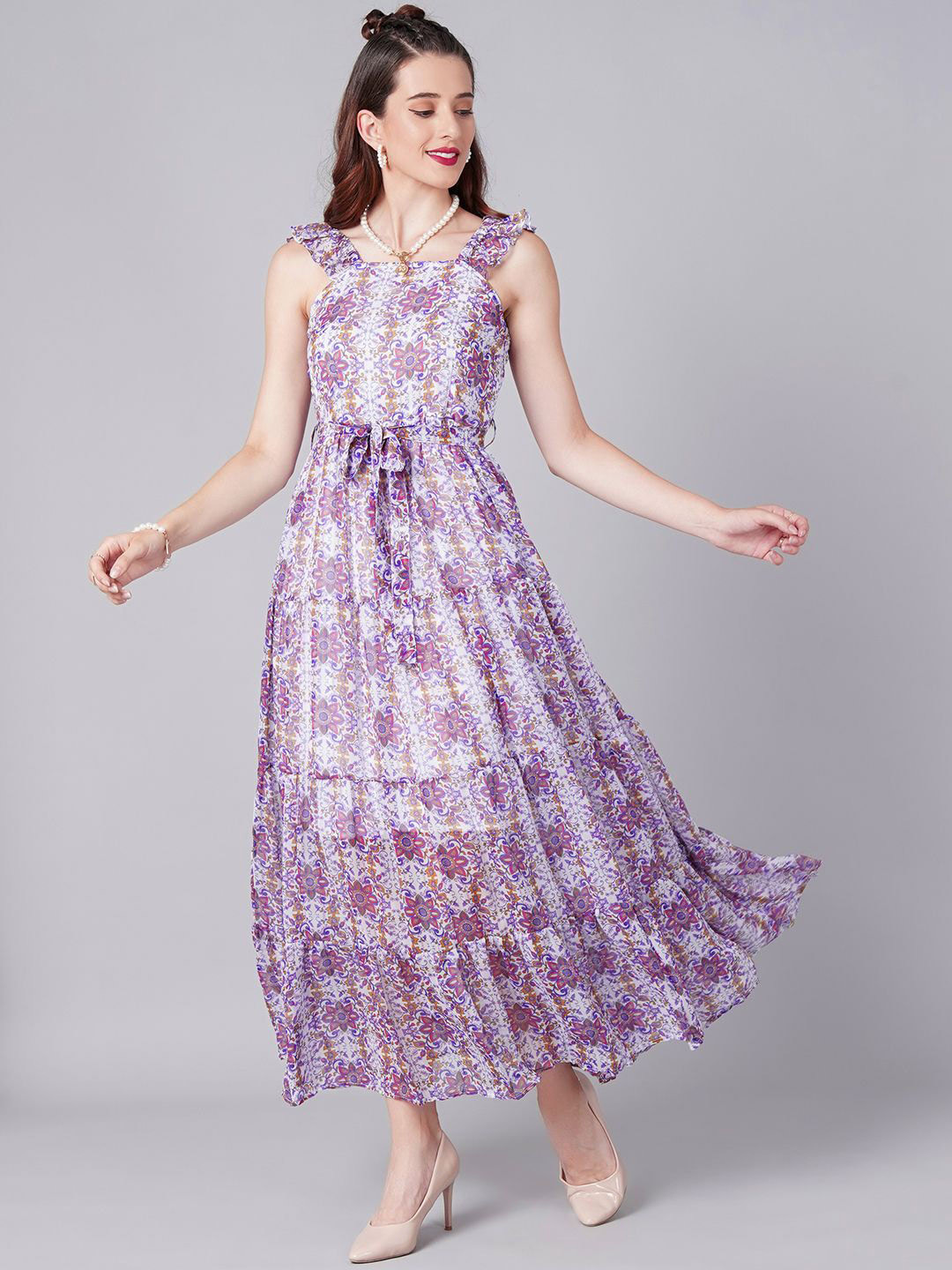 MINOS Floral Print Shoulder Straps Fit & Flare Chiffon Maxi Dress