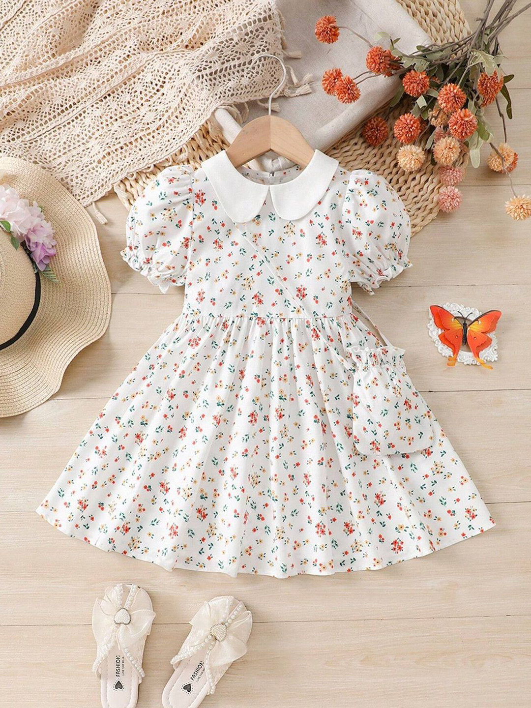 White World Girls Floral Print Peter Pan Collar Fit & Flare Dress