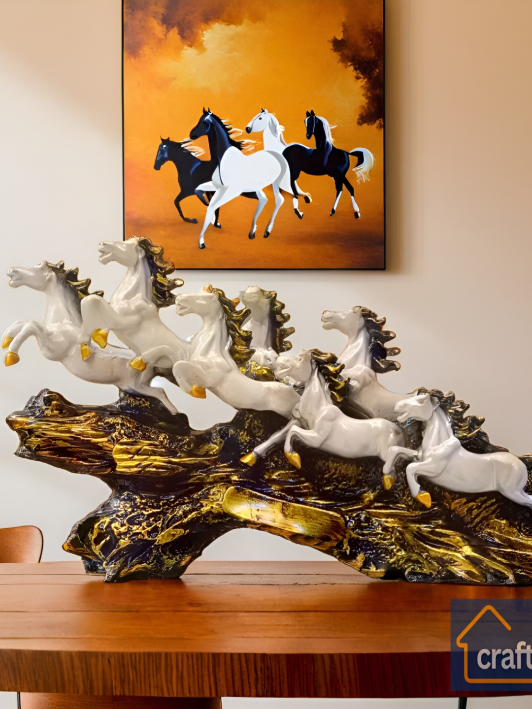 CraftEstate Decorative 7 Running White Horses on Golden Wave Base Showpiece-45 cm