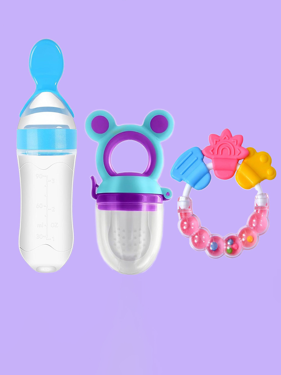 Joy Buzz Kids Set Of 3 Baby Food Feeder Nibbler & Rattle Teether - Pink & Blue