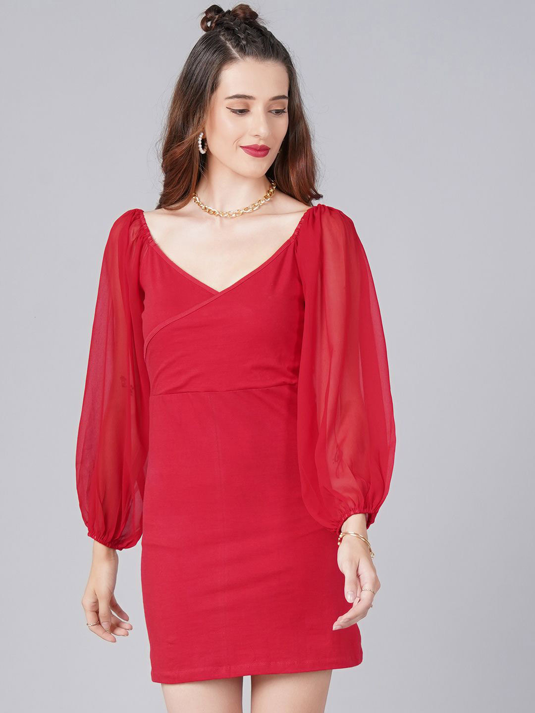 MINOS Women V- Neck Puff Sleeve Sheath Cotton Mini Dress