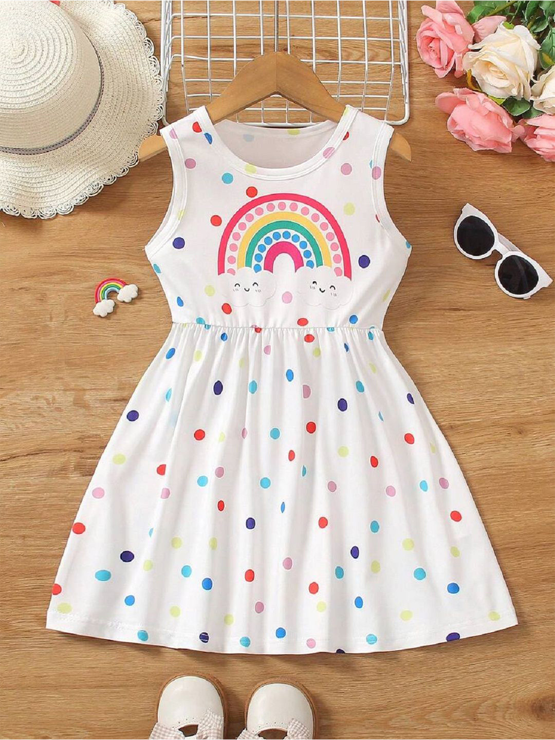 White World Girls Polka Dot Print Round Neck Fit & Flare Dress