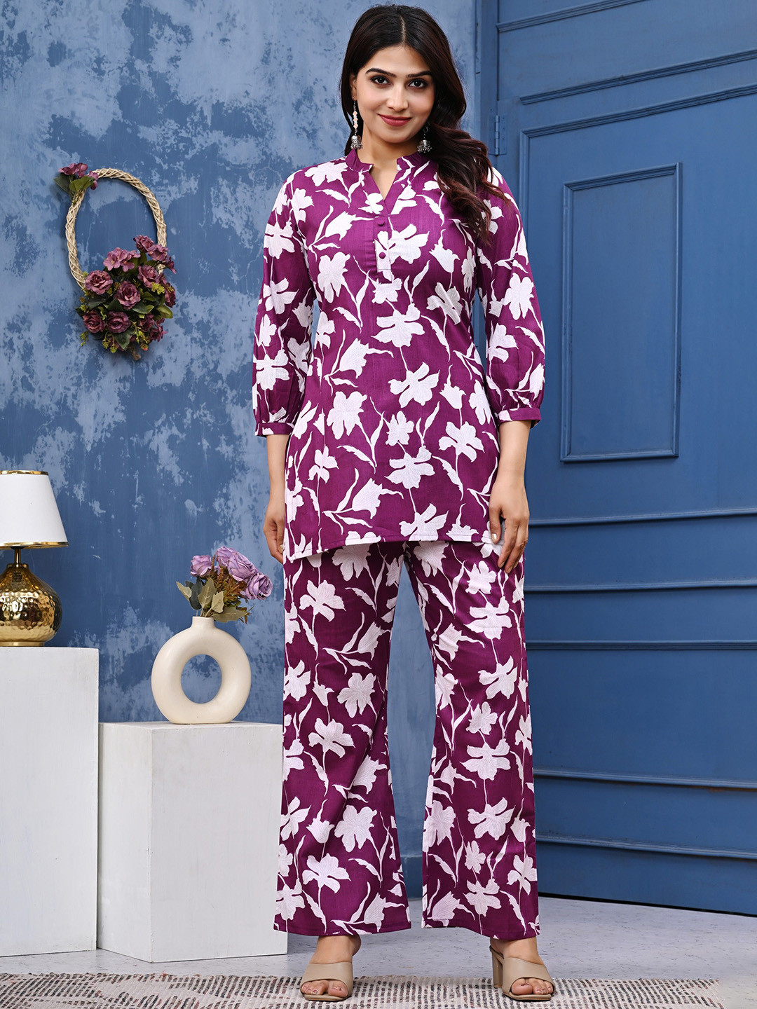 rf clothes Printed Pure Cotton Mandarin Collar Neck Tunic With Trousers Co-Ords