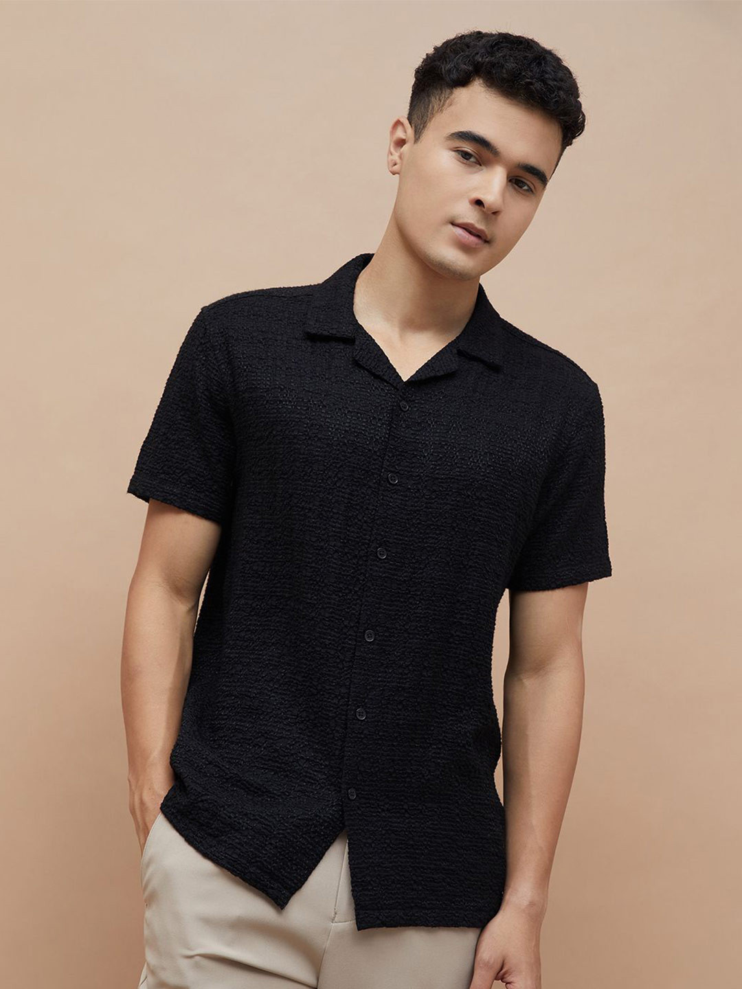 CODE by Lifestyle Textured Cuban Collar Cotton Shirt